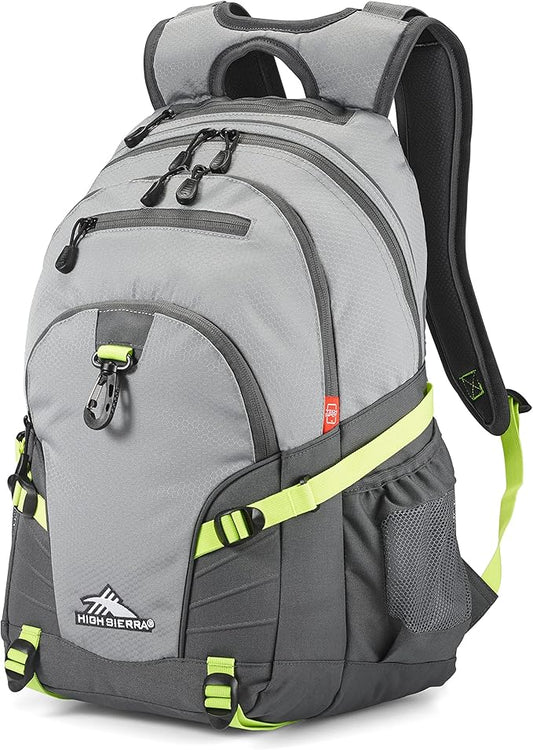 High Sierra Loop Backpack, Travel, or Work Bookbag with tablet sleeve, One Size, Steel Grey/Mercury/Neon Green
