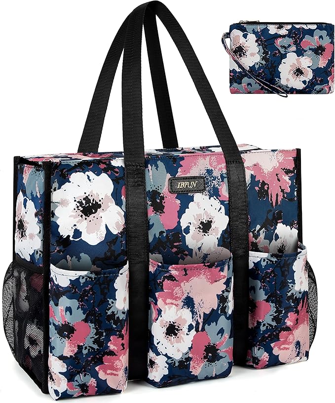 IBFUN Utility Tote Bag with 14/24 Pockets Zip Top Teacher Tote Bag for Teacher/Work Women