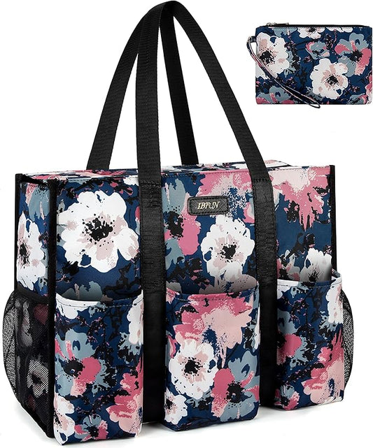 IBFUN Utility Tote Bag with 14/24 Pockets Zip Top Teacher Tote Bag for Teacher/Work Women