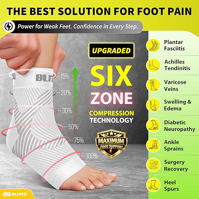 BLITZU Compression Socks for Plantar Fasciitis, Achilles Tendonitis, Arthritis Relief, Ankle Brace Compression Sleeve with Foot Arch Support, Ankle Wrap for Women, Men, Swelling & Heel Pain White S-M