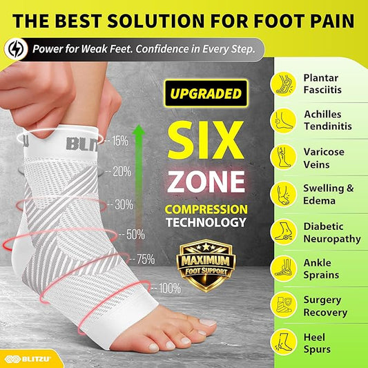 BLITZU Compression Socks for Plantar Fasciitis, Achilles Tendonitis, Arthritis Relief, Ankle Brace Compression Sleeve with Foot Arch Support, Ankle Wrap for Women, Men, Swelling & Heel Pain White XXL