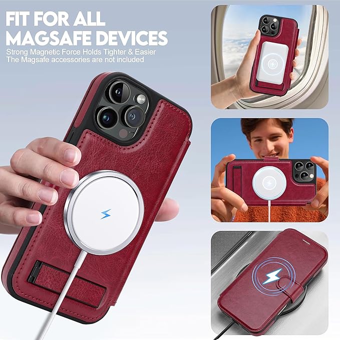 CIVICASE for iPhone 15 Pro Wallet Case with Stand,PU Leather Flip Credit Card Holder Slots (RFID Blocking),Compatible with Magsafe Magnetic Holder Phone Cover Women Men,Wine Red