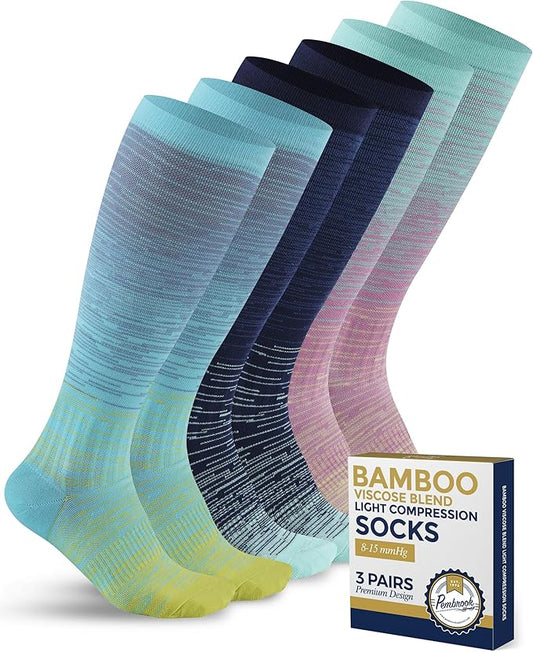 Pembrook Bamboo Viscose Light Compression Socks - 3 Pairs | 8-15 mmhg Compression Socks | Knee High Comfort Support Socks