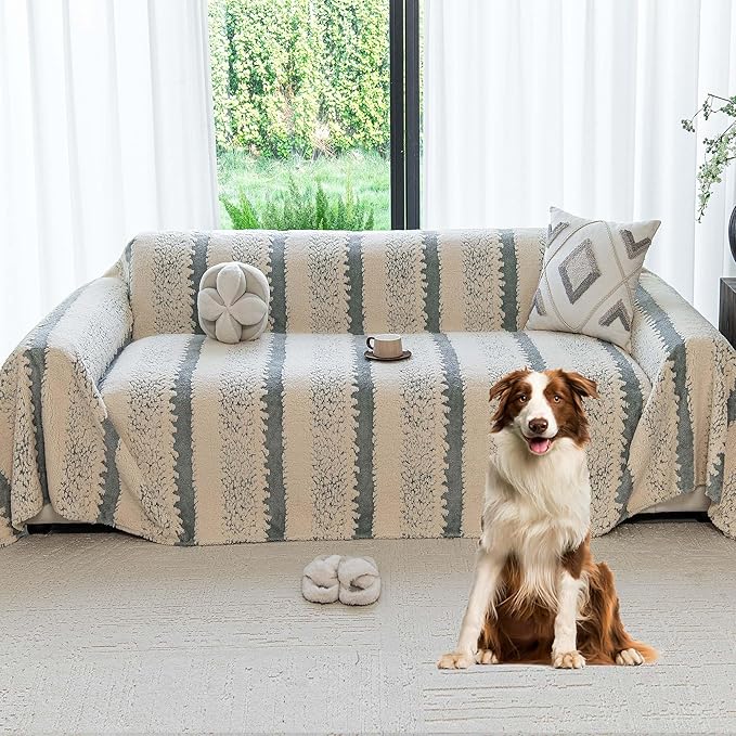 Sherpa Fleece Couch Cover for 3 Cushion Sofa, Gray, 71" x 134" - Pet Proof Sofa Covers Heavy Duty Scratch Resistant Pet Friendly Furniture Cover - Easy Install, Machine Washable