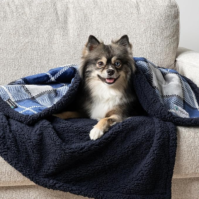 PetAmi Waterproof Dog Blanket for Small Medium Dog Puppy Cat Throw for Couch Cover Leakproof Protection, Sherpa Fleece, Reversible Soft Washable 29x40 Plaid Navy Blue