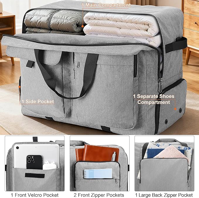 Large Travel Duffle Bag for Men Women, 80L 100L 120L Foldable Waterproof Duffle Bag, Packable Bag with Shoes Compartment for Overnight Gym Weekender Bag (Gray, 100L)