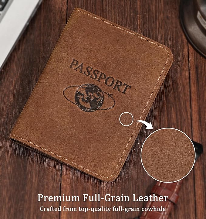 Slim Leather Passport Holder for Men & Women – Vintage Travel Passport Wallet – Lightweight Full-Grain Leather Passport Case with Gift Box, Brown (5.5″ × 4.1″)