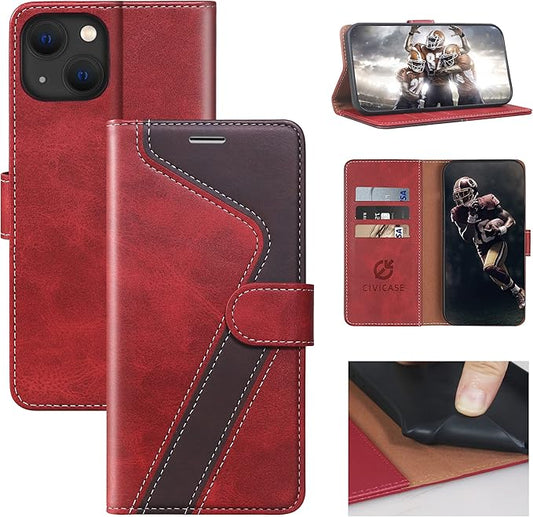CIVICASE for iPhone 13 Wallet Case,Leather Flip Case [RFID Blocking] Credit Card Holder Folio Magnetic Stand TPU Shockproof Cover Color Matching for iPhone 13 (6.1") Red Brown