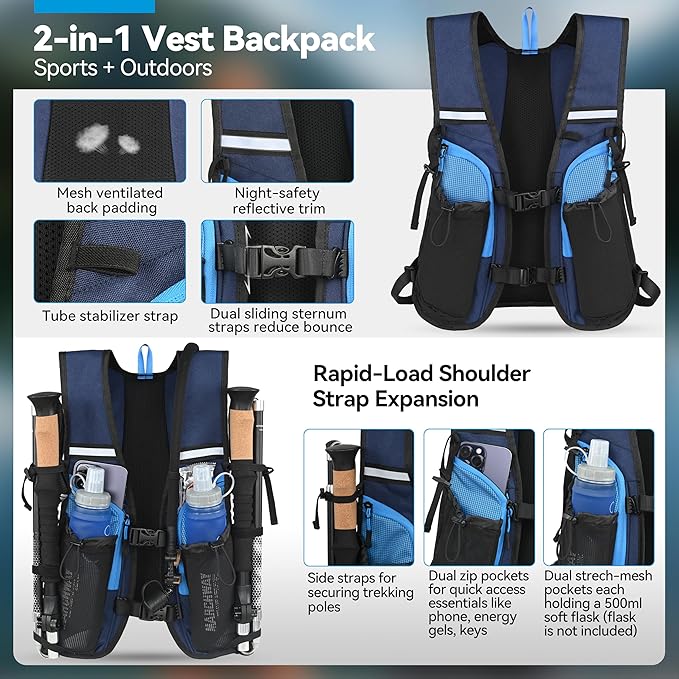 MARCHWAY Lightweight Hydration Backpack with Vest Style Straps & 2.5L TPU Water Bladder, Versatile Sleek Multi-Pocket Pack for Hiking, Cycling, Running, Backpacking, Travel