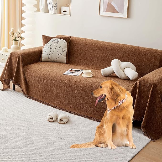 Chenille Couch Cover for 3 Cushion Sofa Pet Friendly Furniture Covers, Boho Sofa Covers Washable L Shape 3 Seater Couch Cover, 71"x 150", Brown