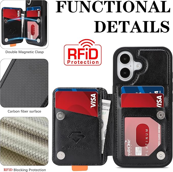 GUERNICA for iPhone 17 (6.1") Case Wallet with Card Holder, RFID Blocking Leather Protection, Shockproof Women Men Phone Case for Apple 17, A - Black