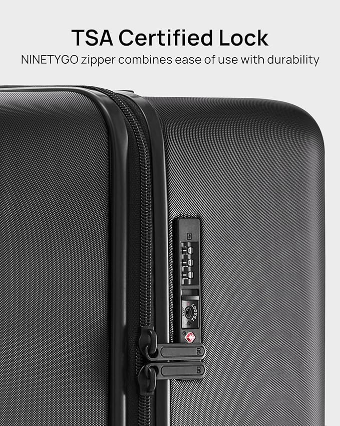 NINETYGO Trunk Luggage 26 Inch, Medium Checked Luggage with Double Spinner Wheels, Anti-Burst Zipper, Hard Case PC Suitcase, Lightweight Travel Luggage, TSA Approved (Onyx Black, Hudson)