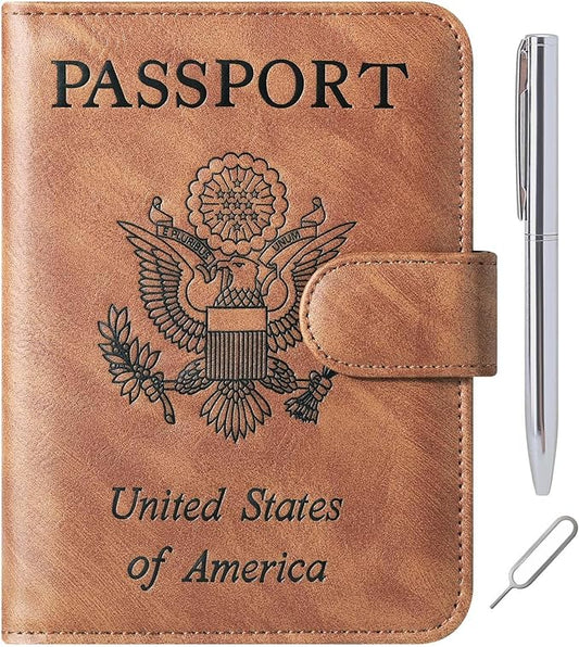 Passport Holder Cover Wallet Travel Essentials Leather Rfid Blocking Case Vacation Luggage Must Haves Travel Accessories for Men Women (120#Brown)
