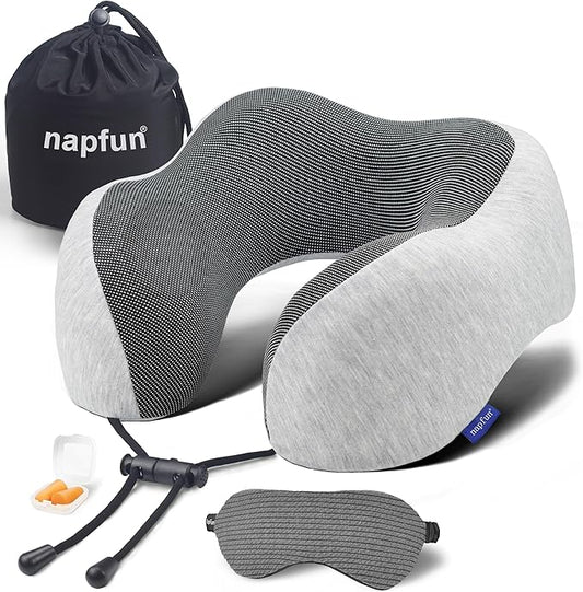 napfun Neck Pillow for Traveling, Travel Neck Pillow for Airplane 100% Pure Memory Foam Travel Pillow for Flight Headrest Sleep, Portable Plane Accessories, Light Grey Set