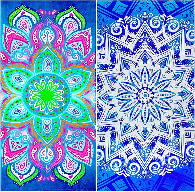 2 Packs Oversized Beach Towel Set Extra Large Big XL Pool Camping Swim Clearance Towels 36x72 Soft Blanket Cruise Essentials Accessories Must Haves Vacation Necessities Adult Blue Flower Purple