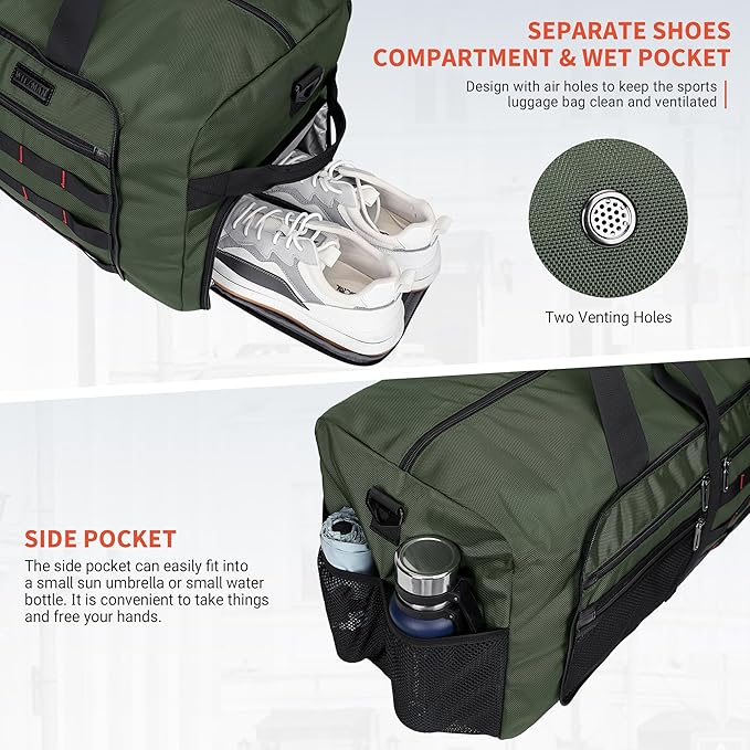 WITZMAN Foldable Duffle Bag for Travel 65L Lightweight Packable Duffel Bag with Shoes Compartment Overnight Bag for Men Women (B697 Army Green）