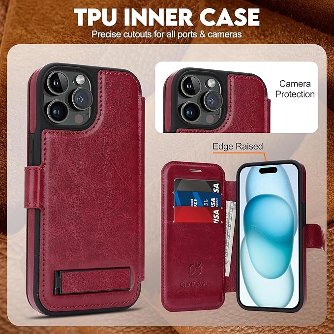 CIVICASE for iPhone 13 Pro Max Wallet Case with Stand,PU Leather Flip Credit Card Holder Slots (RFID Blocking),Compatible with Magsafe Magnetic Holder Phone Cover Women Men,Wine Red
