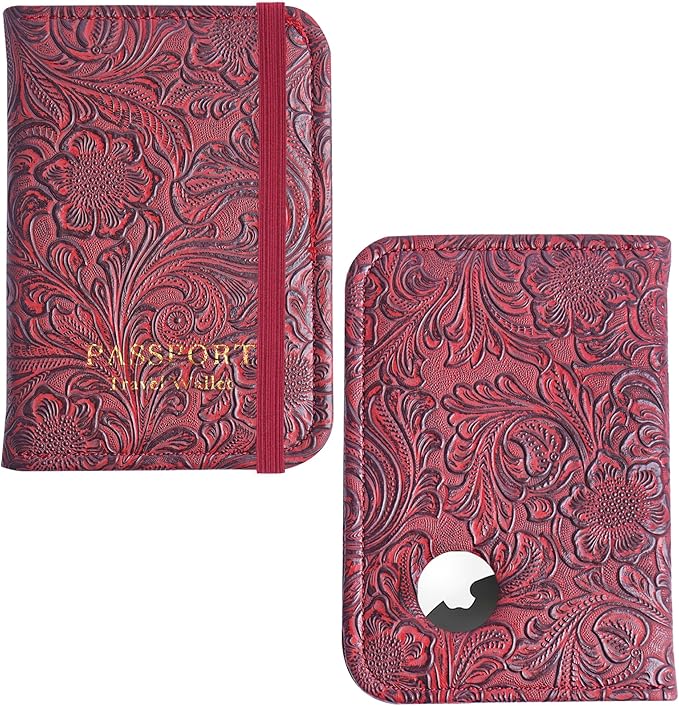 lizimandu Passport Holder with Airtag Slot, Airtag Passport Wallet for Men Women, Slim Leather Passport Holder Case Family for Travel Anti-Lost(1-Carved Red)