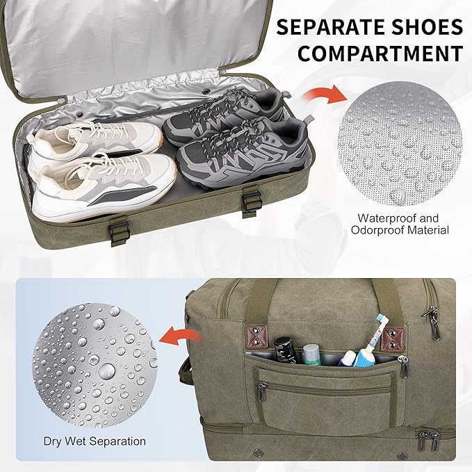 WITZMAN Canvas Weekender Bag Mens Overnight Bag for Traveling Carry on Duffle Bags with Shoes Compartment(A8010 Army Green)