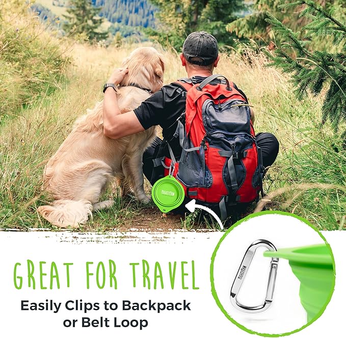 Mighty Paw Travel Dog Bowl Set - Silicone Food - Bonus Carabiner Clip - Ideal for Hiking - Camping - Lightweight - Leak-Proof - Collapsible Dog Bowl with Lid - Green - 2 Pack (27 Oz)