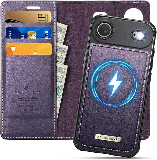 PlusnapX Wallet Case for iPhone Air Compatible with Magsafe, 2-in-1 PU Leather Flip RFID Blocking Card Holder Stand ShockAirof Magnetic Detachable Cover for iPhone 17 Air Case 6.5", Fashion Purple