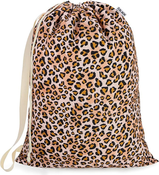 Canvas Laundry Bag with shoulder Strap 24" x 29", Large Drawstring Dirty Clothes Bag Washable Laundry Sack for College Dorm, Travel, Home, Camp (Leopard)