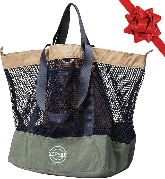 STOVER Large Mesh Beach Bag, Vacation, Pool, Shopping, & Travel Tote - Foldable w/Storage Pockets for Women, Men & Families