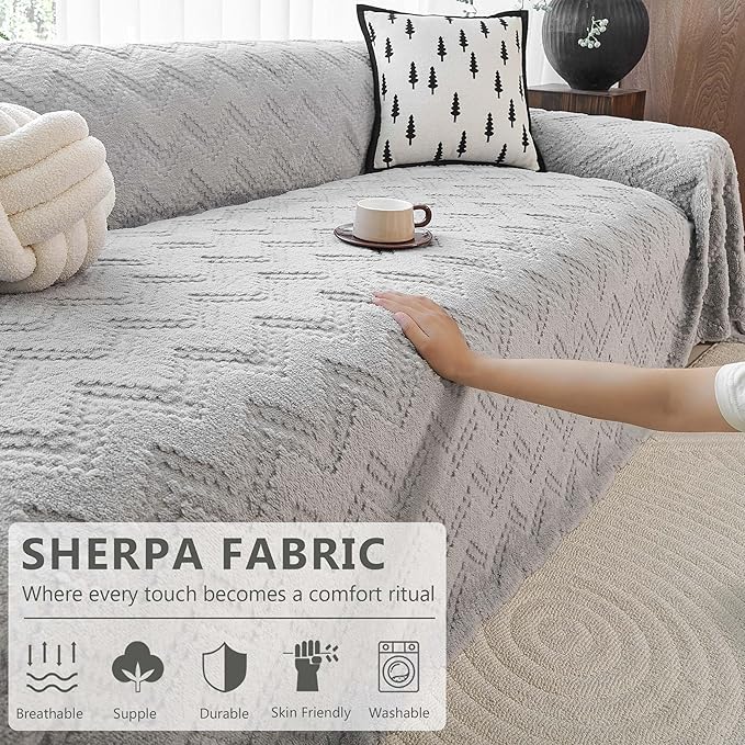 Plush Pet Couch Covers for Sofa, Boho Couch Cover for Dogs, Pet Friendly Sofa Cover- Non-Shedding, Reversible Furniture Cover, Easy to Install & Machine Washable 71"x118", Grey