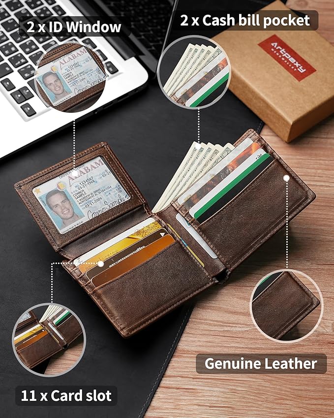 Artpaxy Mens Wallet Bifold Genuine Leather RFID Blocking Wallet for Men with 2 ID Windows 11 Card Holders 2 cash pockets 1 Gift Box