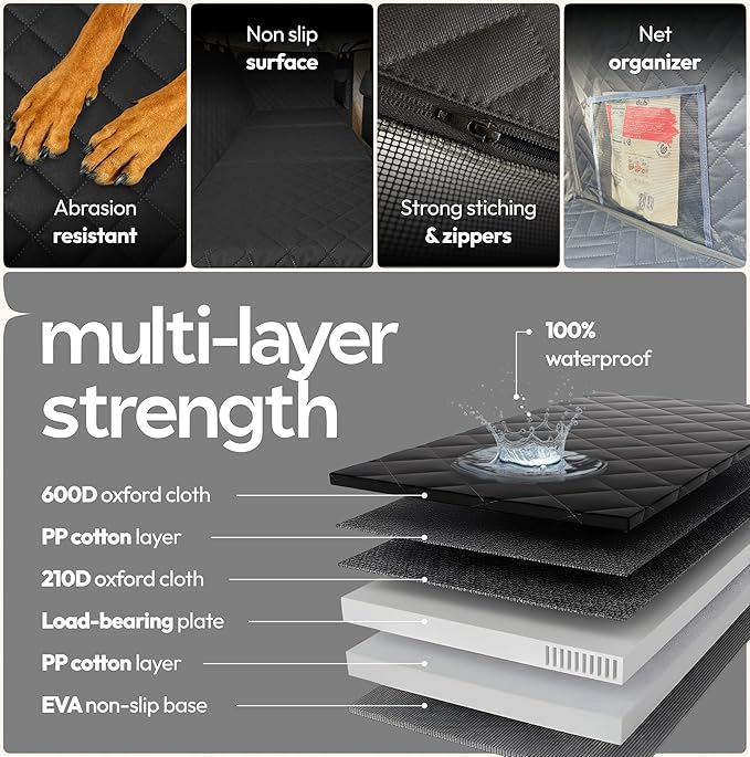 Dog Seat Cover for Back Seat Hard Bottom, XL Backseat Extender for Large Dogs (+420 lbs), Waterproof Dog Car Hammock with Door Protectors, Non-Slip Heavy-Duty Pet Seat Cover for Truck, SUV & Car