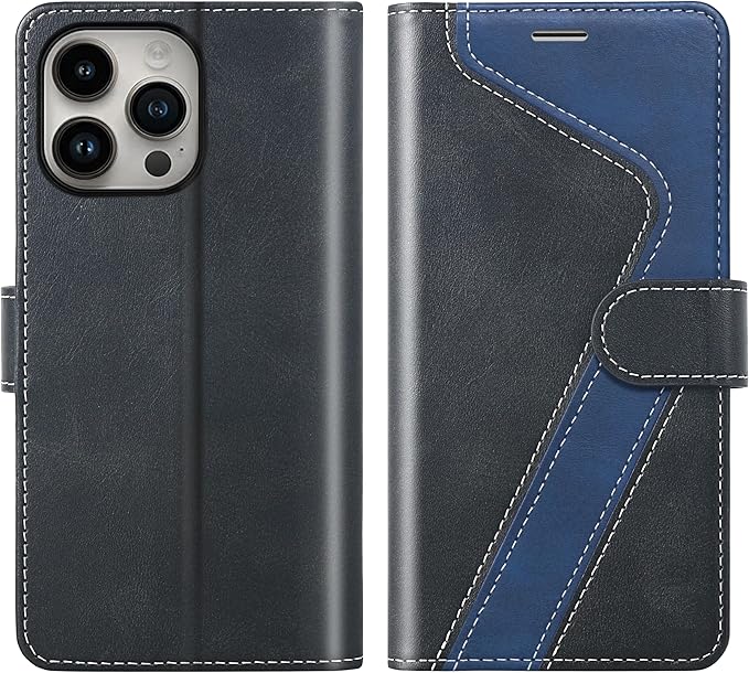 CIVICASE for iPhone 15 Pro Max(6.7inch) Wallet Case,Leather Flip Case RFID Blocking Credit Card Holder Folio Magnetic Stand TPU Shockproof Cover Compatible with iPhone 15 Pro Max Black Blue