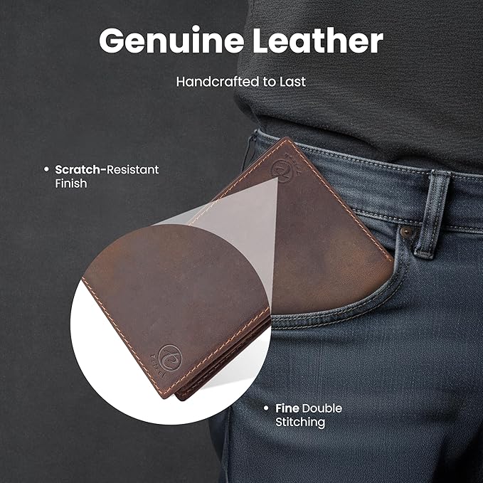 Trizek Leather Wallet for Men, Genuine Leather RFID Blocking Bifold Wallet, Minimalist Slim Design, Stylish and Secure Credit Card Holder (Brown)
