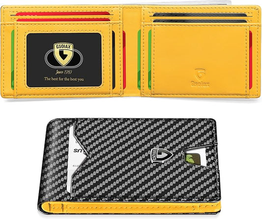 GSOIAX Mens Slim Wallet for Men Minimalist Genuine Leather Carbon Fiber Rfid Blocking Bifold Credit Card Holder With Gift Box (Yellow and Carbon Black)
