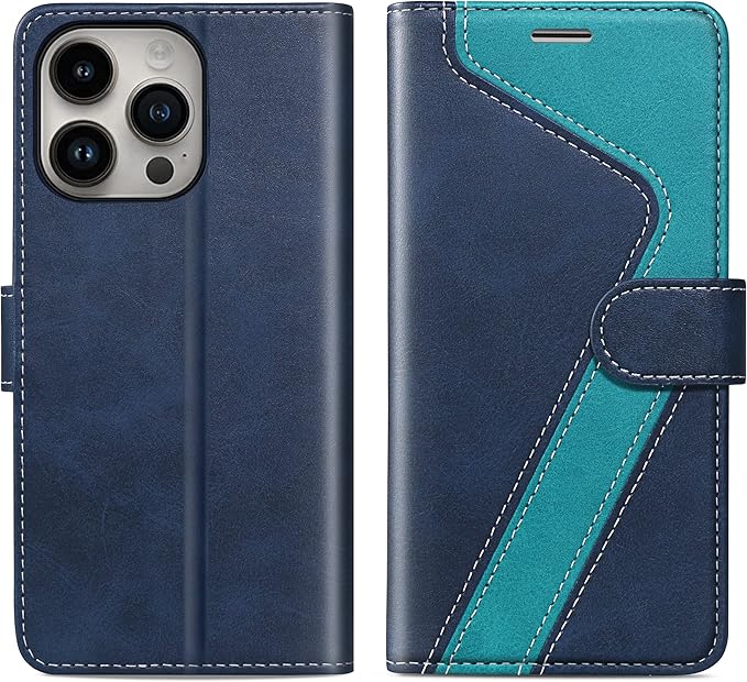 CIVICASE for iPhone 14 Pro Wallet Case,Leather Flip Case [RFID Blocking] Credit Card Holder Folio Magnetic Stand TPU Shockproof Cover Color Matching for iPhone 14 Pro (6.1") Blue Green