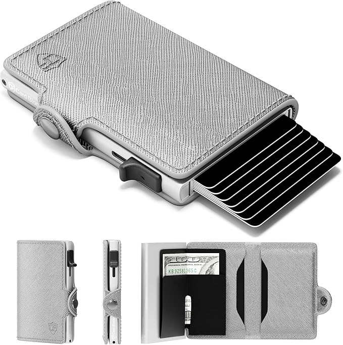 Card Blocr Womens Slim Wallet for Small Purses, Pop Up Wallet with Anti Theft RFID Blocking Credit Card Holder for Women in Platinum PU Saffiano Leather
