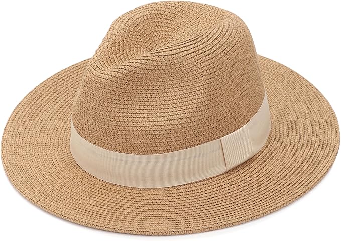 DRESHOW Women Straw Panama Hat Travel Fedora Beach Sun Hat Summer Wide Brim Straw Roll up Hat UPF 50+