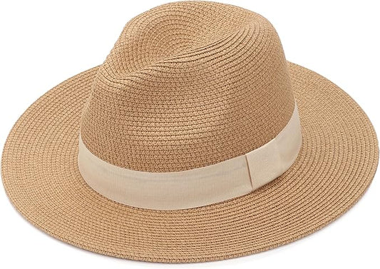 DRESHOW Women Straw Panama Hat Travel Fedora Beach Sun Hat Summer Wide Brim Straw Roll up Hat UPF 50+