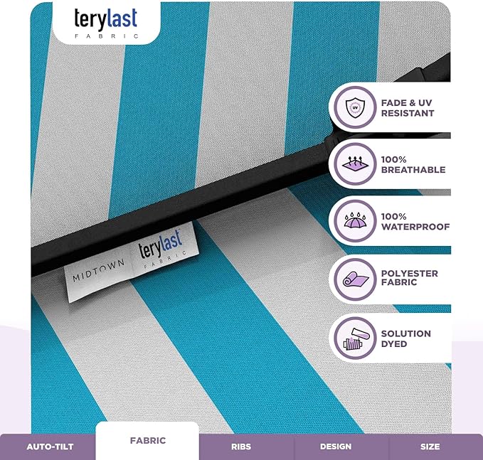 Midtown Umbrellas The Lean 6 Feet Outdoor Umbrella With Terylast Cobalt Stripes (Blue/White Stripes) Polyester Fabric - Auto-Tilt Aluminum Frame Patio Umbrella For Deck, Garden, Pool - Black Pole
