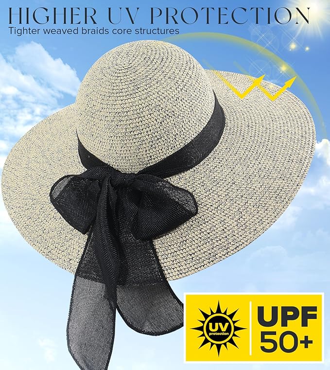 Beach Sun Hats for Women,Wide Brim Straw Hat Floppy Packable UPF 50+ UV Protection with for Summer