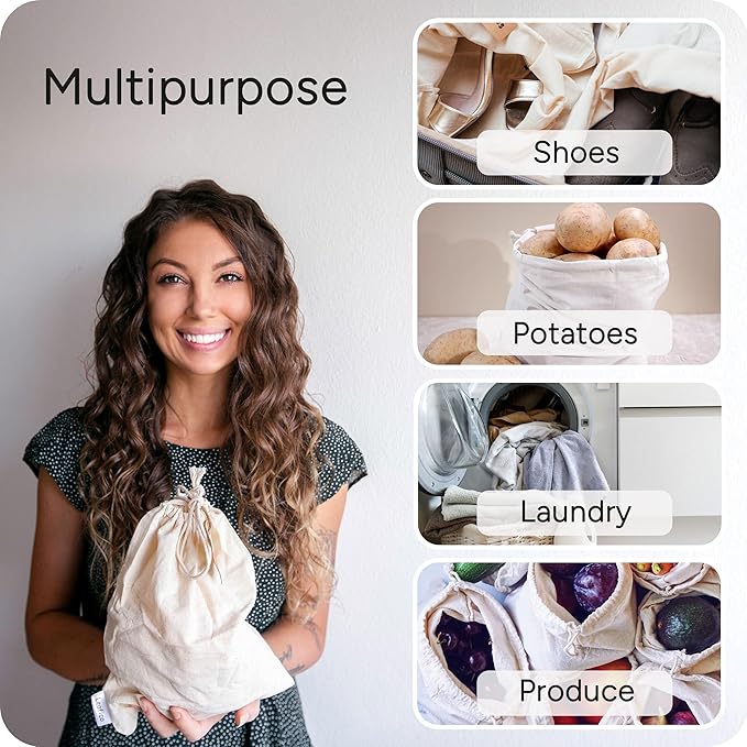 LEAFICO Cotton Storage Bags – X-Large 14x17 Inch (6-Pack) – Reusable Muslin Bags with Drawstrings – Biodegradable Canvas Fabric Sacks – Perfect for Bread, Bulk Produce, Potatoes, Onions, Shoes