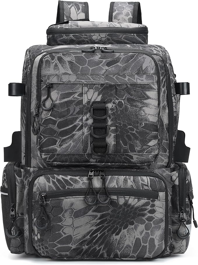 Rabjen Fishing Tackle Backpack, 45L Storage Waterproof Travel Bag Store Fishing Gear with Insulated Top Pocket
