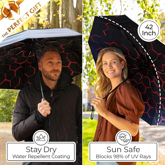 TUMELLA Strongest Windproof Travel Umbrella (Compact, Superior & Beautiful), Small Strong but Light Portable and Automatic Folding Rain Umbrella, Durable Premium Grip, Fits Car & Backpack