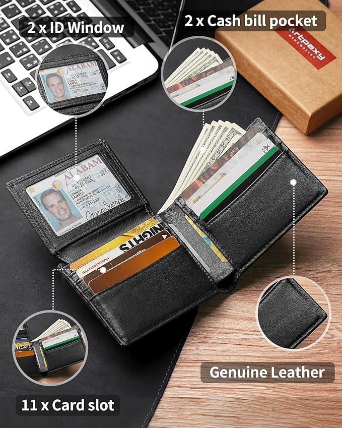 Artpaxy Mens Wallet Bifold Genuine Leather RFID Blocking Wallet for Men with 2 ID Windows 11 Card Holders 2 cash pockets 1 Gift Box