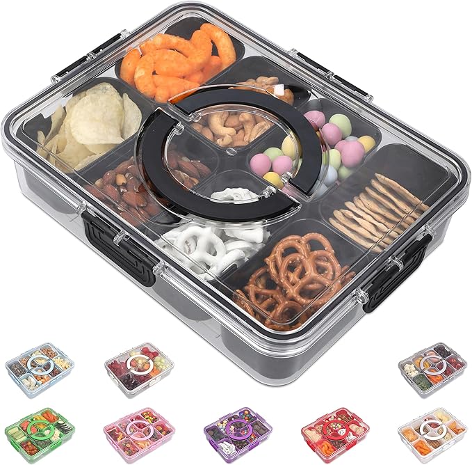 Snackle Box Container with Lid- Travel Charcuterie Box with Handle - Organizer for Candy, Fruit, Nuts, Veggies, Snacks, Beach Essentials, Portable Lunch Box (Black, Large)