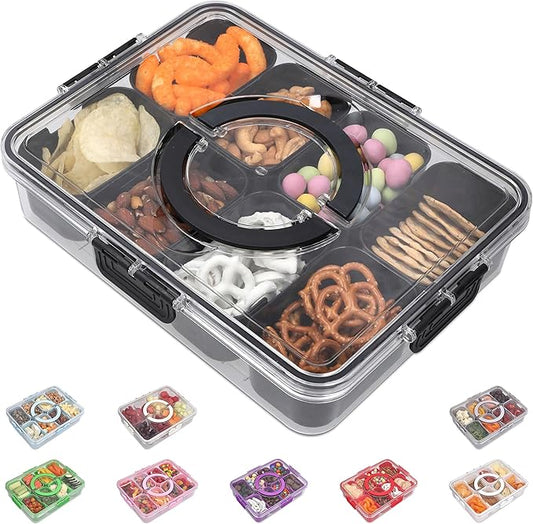 Snackle Box Container with Lid- Travel Charcuterie Box with Handle - Organizer for Candy, Fruit, Nuts, Veggies, Snacks, Beach Essentials, Portable Lunch Box (Black, Large)
