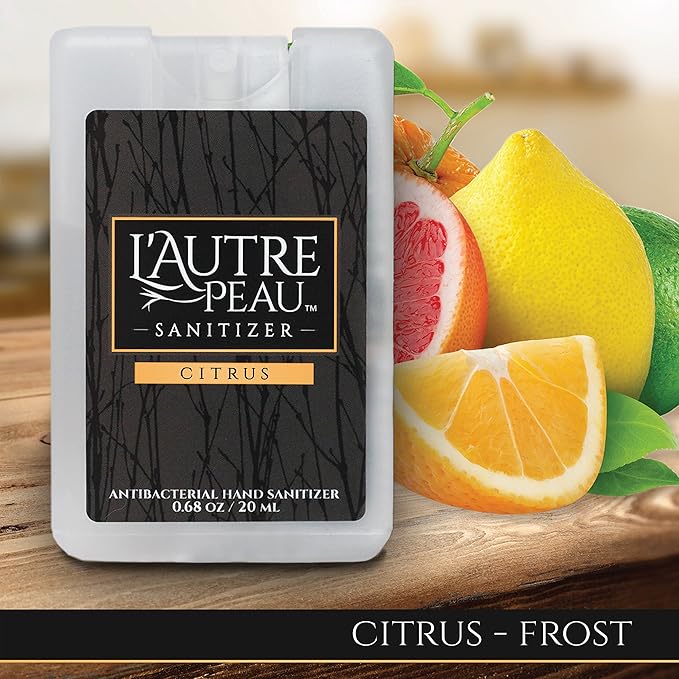 Antibacterial Travel Hand Sanitizer Spray with Aloe Vera by L’AUTRE PEAU - Unique Flat Credit Card Shape - Citrus Scented Mini Pocket Size (4 Pack - 20ML, Frost,Black,Red,Blue)