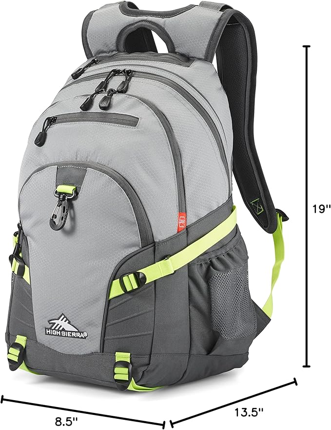 High Sierra Loop Backpack, Travel, or Work Bookbag with tablet sleeve, One Size, Steel Grey/Mercury/Neon Green