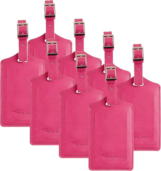 Travelambo 8 Pack Luggage Tags Faux Leather for Suitcases Travel Bag Labels Travel Accessories Essential with Protection Cover ID (Rose Red)
