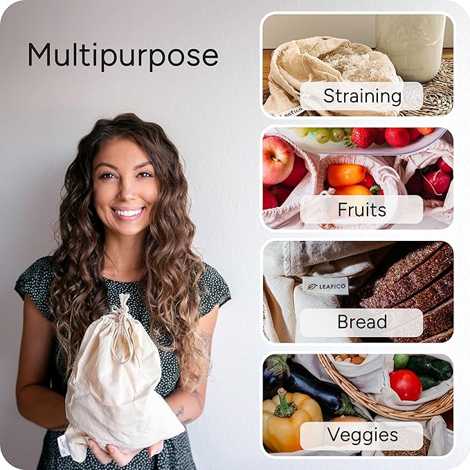 LEAFICO Organic Cotton Produce Bags - Medium 8x10 Inch (12 Bags) - Reusable Muslin Storage Bags with Drawstrings - Biodegradable Canvas Fabric - Perfect for Snacks, Clothes