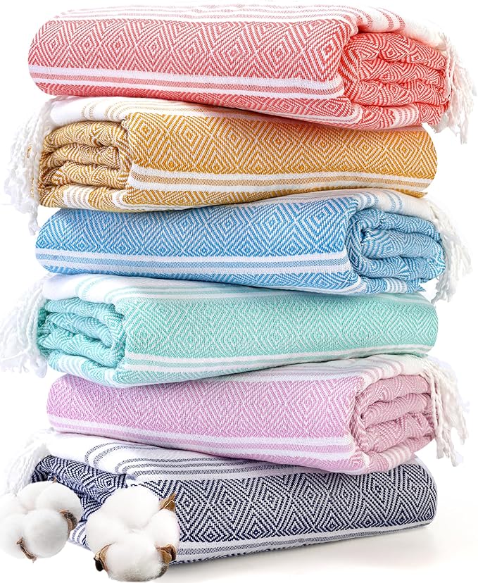 Genovega 6 Oversized Turkish Beach Bath Towel Set Bulk 74"x38" Extra Large Sand Free Quick Dry Swimming Camping Pool Clearance Towels Blanket Essentials Adult Multi Dark Blue Rhombus